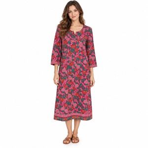 Anokhi Pink Floral Cotton Block Print Long Midi Dress XS 3/4 Sleeve India Boho